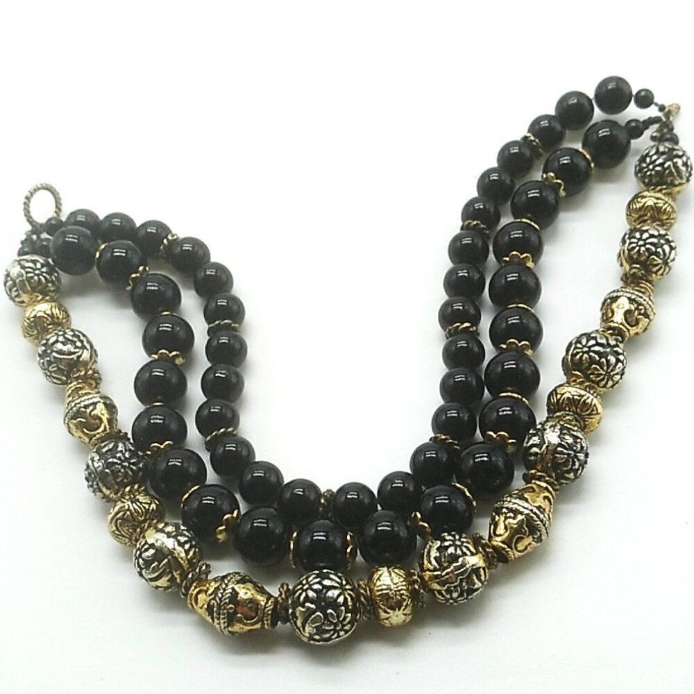 Triple Strand Bracelet LARGE Wrist 2 Strands Black Lucite Beads-1 Strand Metalli